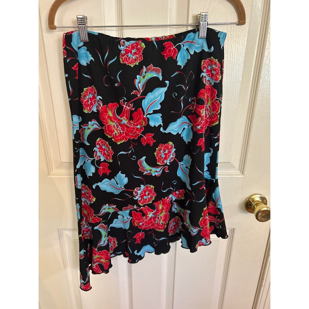 Latina Life Floral Asymmetrical Ruffle Hem Midi Skirt Black Red Turquoise Small